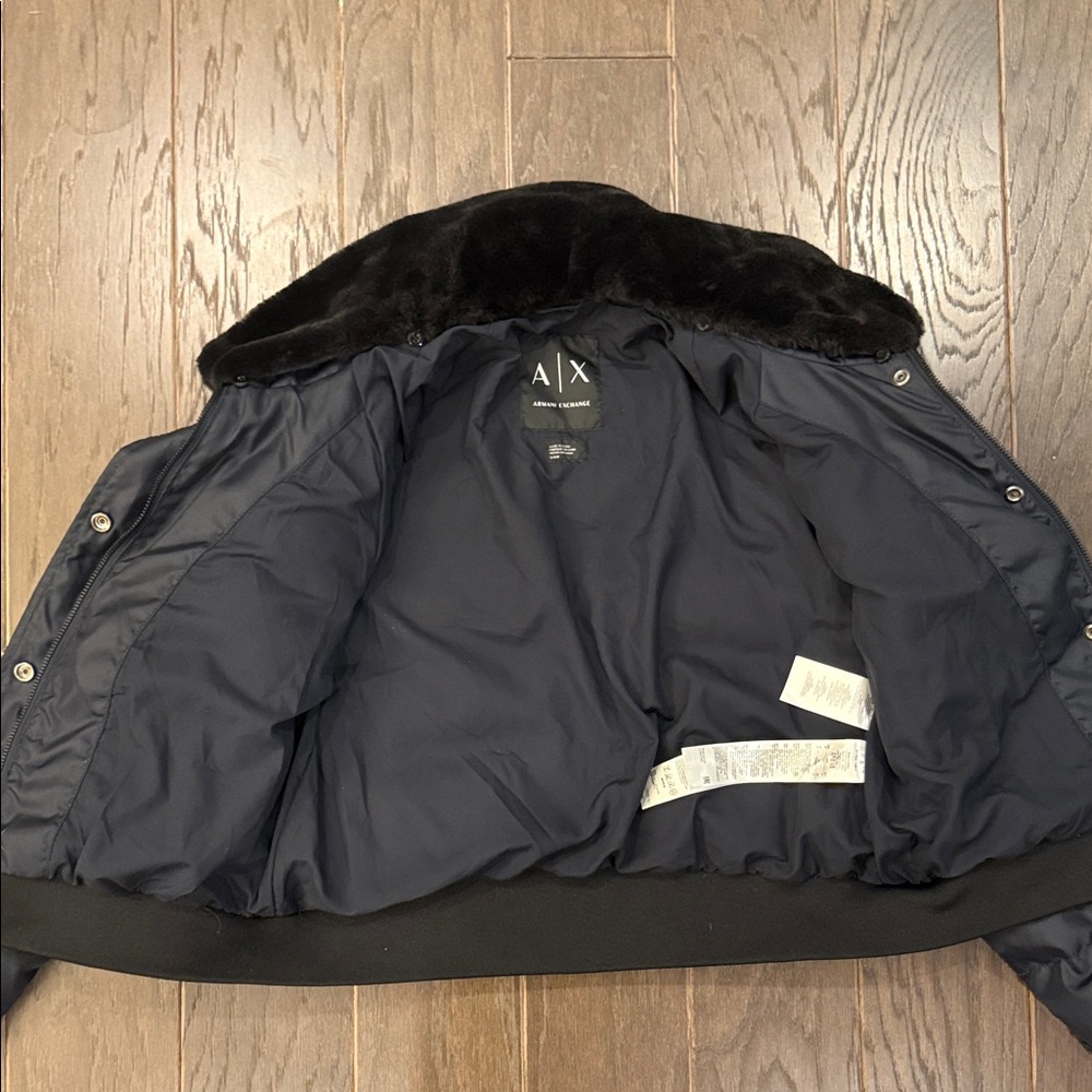 AX Armani Exchange White Duck Down Black Puffer Jacket Faux Fur Trim S - Picture 5 of 13